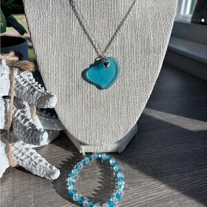 Aqua Heart Pendant Necklace and Bracelet Set